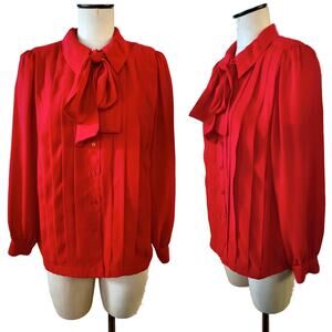 Vintage 80s True Red BOW Tie Neck Blouse | VTG size 12 Fits S/M